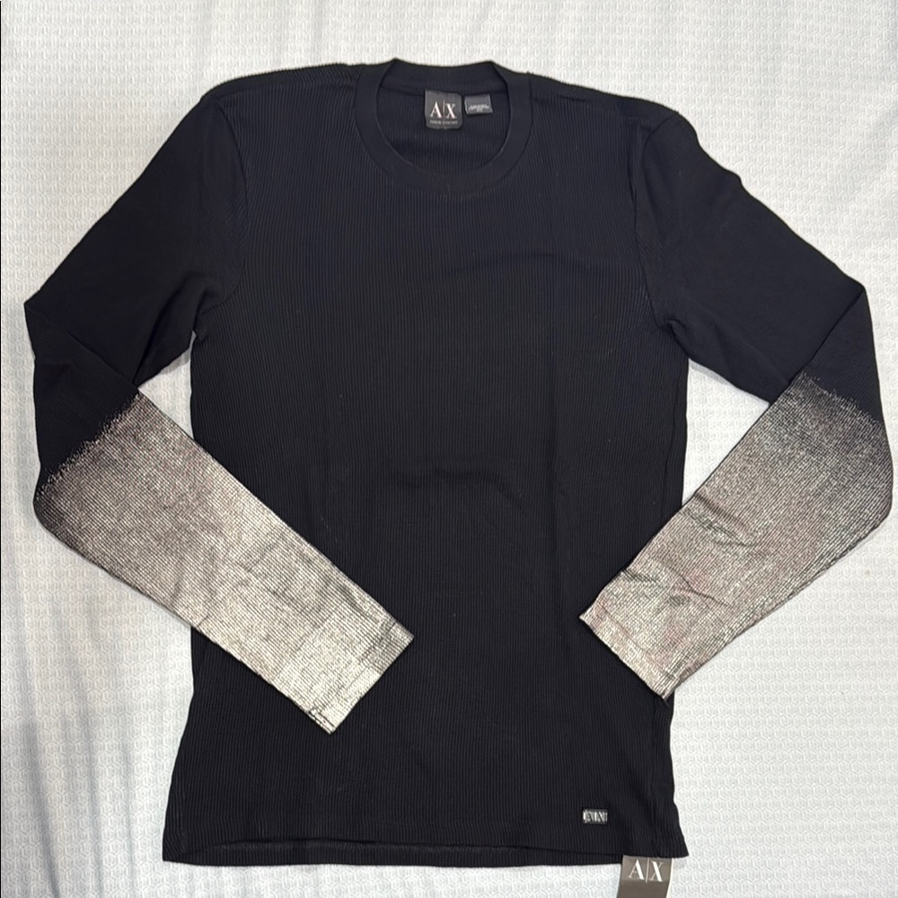 Armani Exchange Black Sweater with Silver Gradient Sleeves